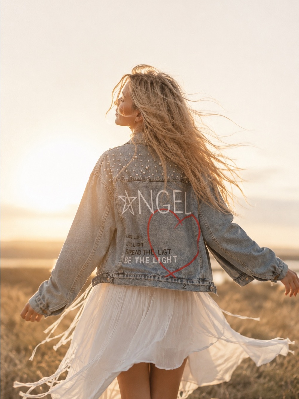 Hand Painted Angel Denim Jacket Pearl Studded Custom Artist Jacket Size M - Picture 2 of 12